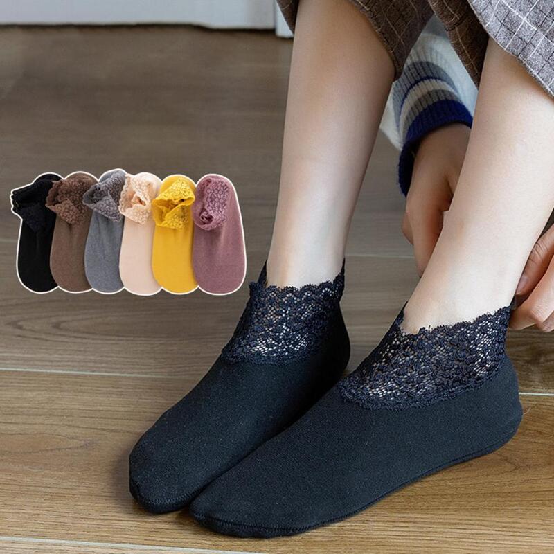 1 Pair Ankle Socks Super Soft Lace Trim Women Socks Highly Elastic Keep Warm Stretchy Thicken Thermal Women Floor Socks