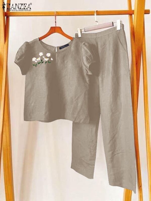 Letnie pasujące zestawy ZANZEA eleganckie spodnie robocze garnitury 2 szt. Damskie bluzki z krótkim rękawem zestawy spodni kwiatowy haft dresy
