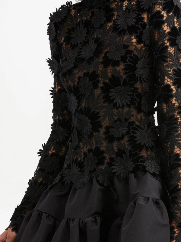 Gaun pesta, gaya Saudi Arabia, gaun koktail lengan panjang leher tinggi motif bunga A-line hitam 3D renda