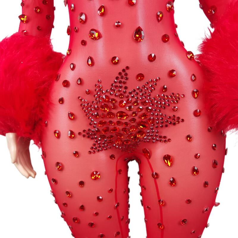 Glisten kryształowa czerwień kombinezon seksowny włochaty cyrkonie strój damski klub nocny kostium piosenkarza parkiet DS odzież Guibin