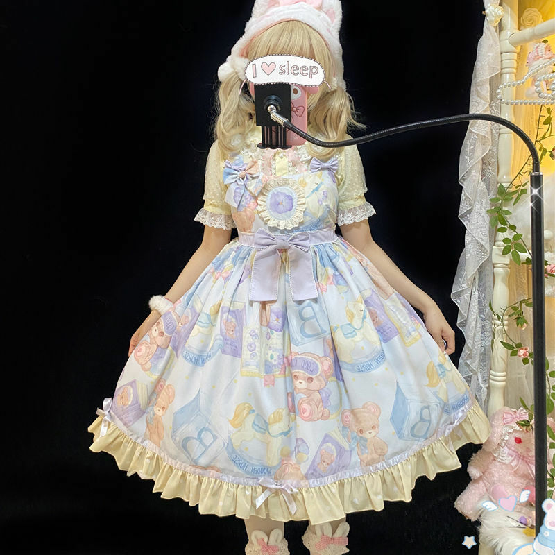 Vestido estampado bonito de urso Lolita feminino, vestidos japoneses JSK, macio, azul, plissado, laço, festa do chá, doce, meninas