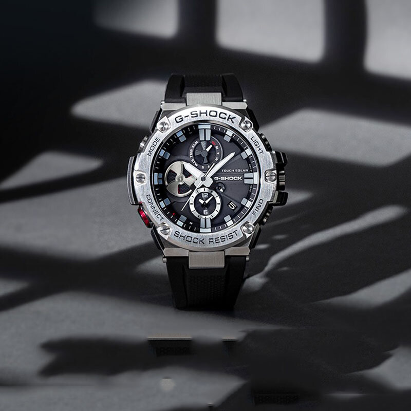 นาฬิกา G-SHOCK สำหรับผู้ชายนาฬิกาลำลอง GST-B100, นาฬิกาควอทซ์สแตนเลสแสดงผลคู่กันกระแทกหรูหรามัลติฟังก์ชั่น