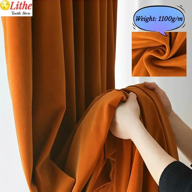 Luxury Cashmere Thermal Curtains for Living Room Blackout Bedroom Hall Warm Orange Elegant Anti-cold Insulating Fabric 2 Pieces