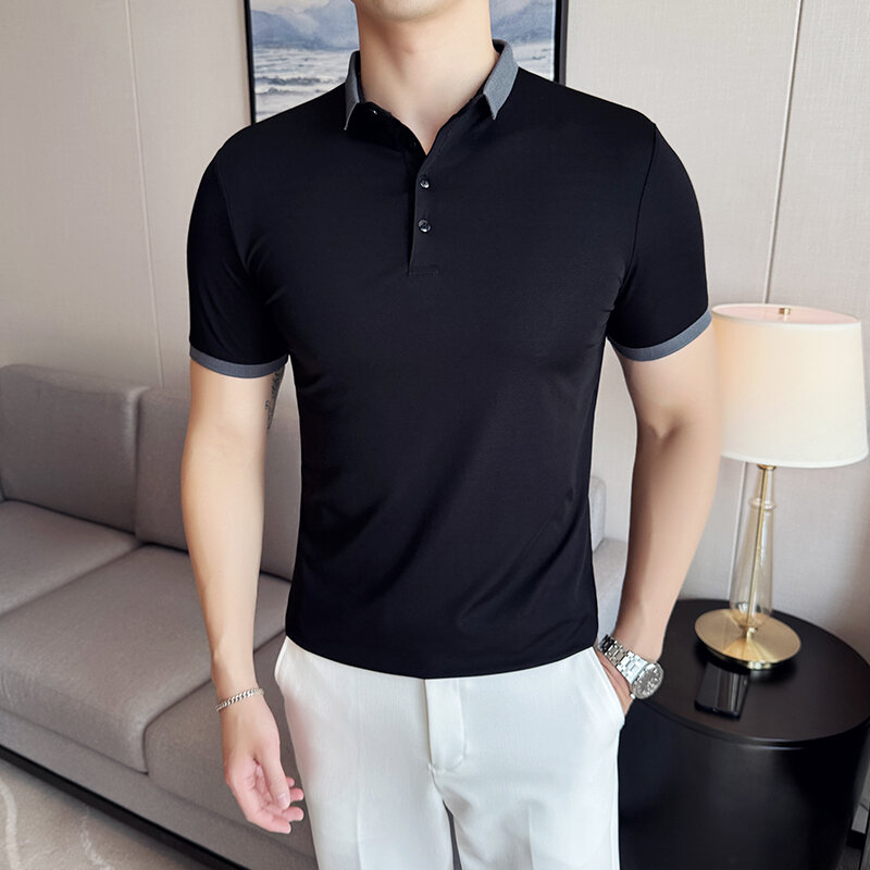 Polo informal de manga corta para hombre, Camiseta ajustada de alta elasticidad con solapa fina, Color sólido, moda urbana, Golf, verano 2024