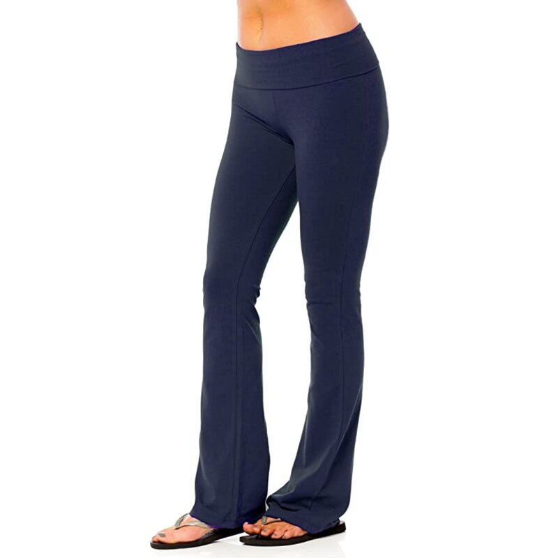 กางเกงโยคะขายาวสำหรับผู้หญิงกางเกงออกกำลังแบบแอคทีฟสีทึบเอวสูงกางเกงขาบานแบบยืดหยุ่น