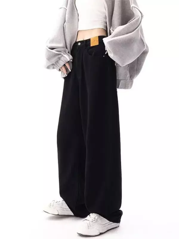 Pantalones vaqueros holgados negros para mujer, pantalones de mezclilla de pierna ancha de gran tamaño, ropa de calle informal Kpop, Harajuku Hippie coreano