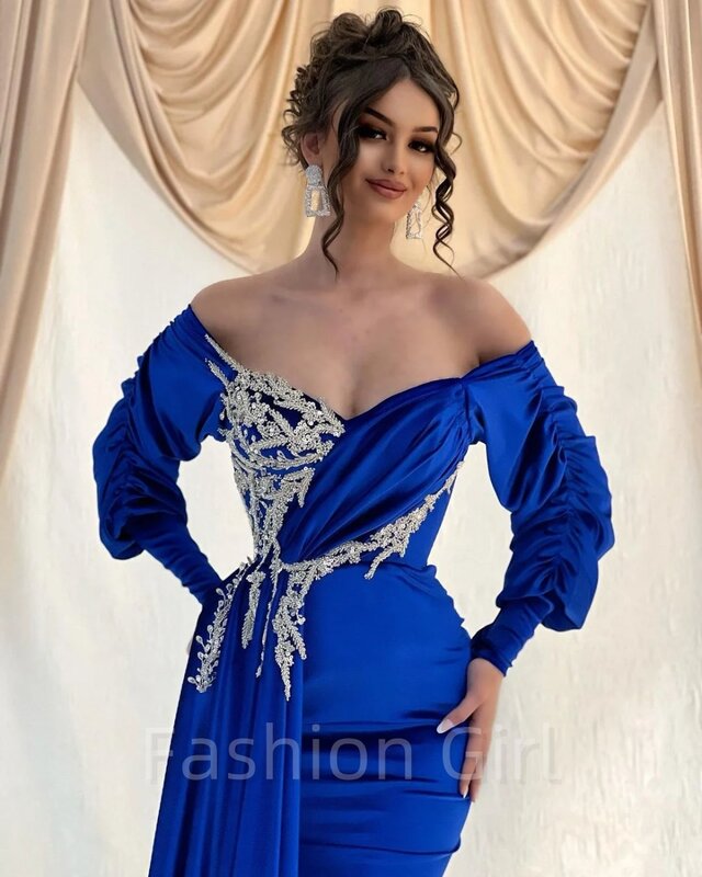 Vestidos de Noche de sirena de satén azul real Sexy, apliques con cuentas, manga larga, vestido de graduación, vestido de fiesta Formal saudí árabe personalizado