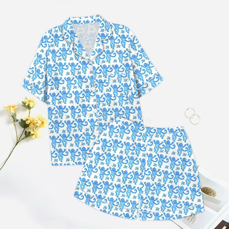 Conjunto de pijama con estampado gráfico de conejo enrollable para mujer, camisa y pantalones cortos, mono de manga corta, ropa de dormir Preppy, lindo, 2 piezas