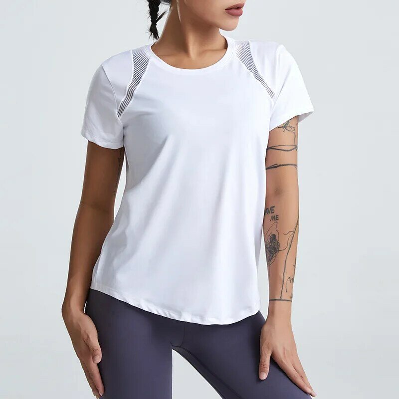 女性用半袖トップス,ゆったりとしたヨガウェア,速乾性,スポーツシャツ,中空フィットネスウェア