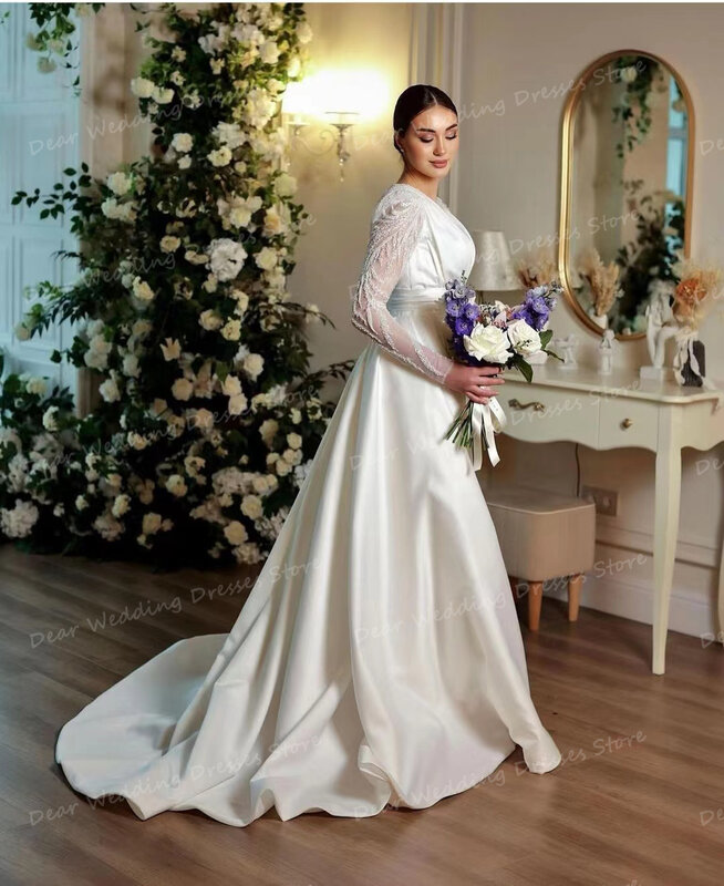 Женское атласное свадебное платье It's yiiya, серебристое блестящее платье-Русалка с длинным рукавом в мусульманском стиле на лето 2024