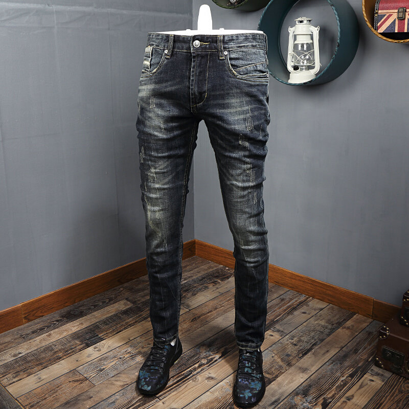 Estilo italiano moda masculina jeans de alta qualidade retro preto azul elástico fino rasgado jeans dos homens do vintage designer denim calças hombre
