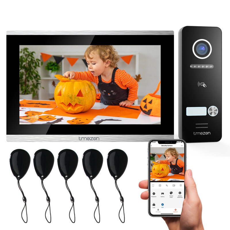 TMEZON ponsel Video WiFi, layar sentuh 10 inci dengan bel pintu berkabel 1080P aplikasi 3 dalam 1/gesek kartu/Monitor Tuya Buka kunci aplikasi