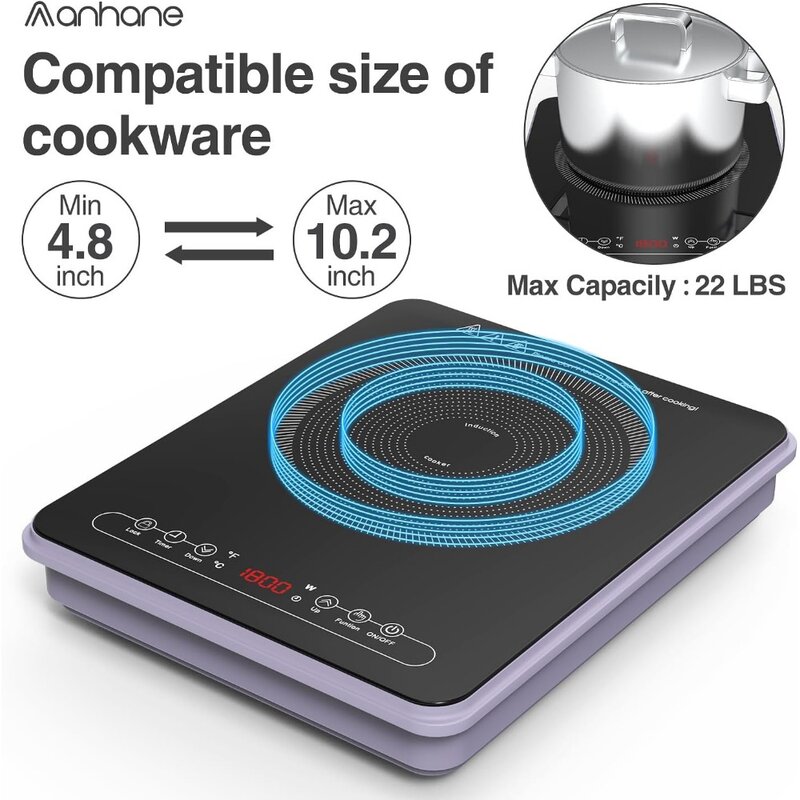 Kompor induksi 1800W, listrik besar dan tingkat suhu 9, 110-120V, peralatan masak magnetik kompatibel
