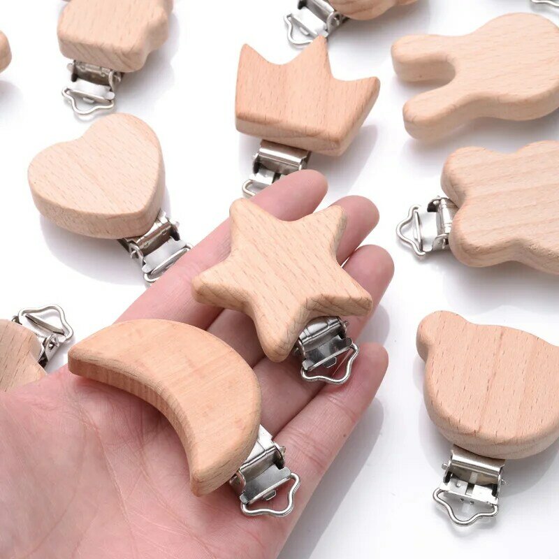 5Pcs Wooden Pacifier Clip Beech Wooden Animal Natural Dummy Clip DIY Baby Pacifier Chain Teether Toys Accessories BPA Free