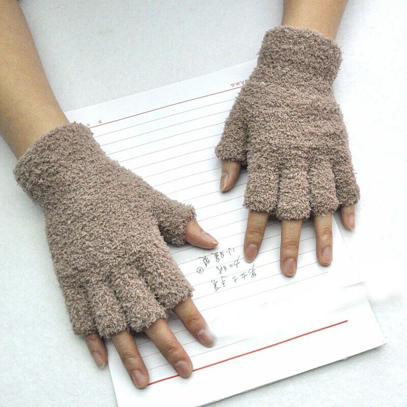 Guantes de invierno de lana de Coral sin dedos, 1 par, guantes de medio dedo, Color sólido, calentador de manos Unisex, manoplas de ciclismo para conducción al aire libre