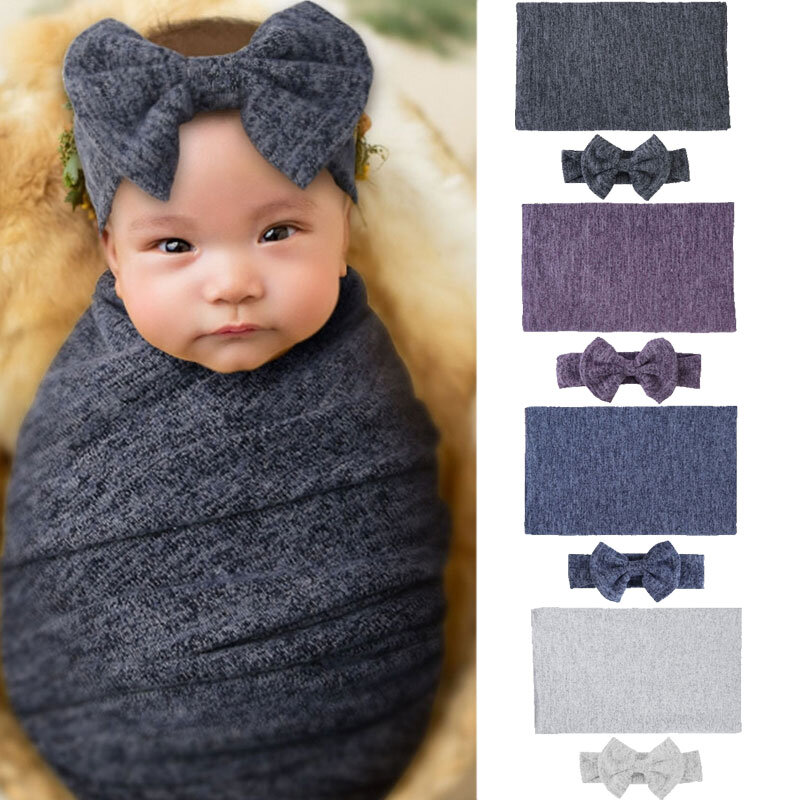 2 sztuk/zestaw 165*40cm niemowlęta okłady tkaniny i Bowknot Hairbands rekwizyty fotograficzne dla dzieci Solid Color strzelanie koc prezenty dla noworodków