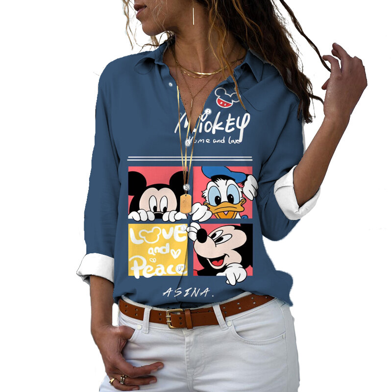Camisa padrão da Disney Minnie Mouse, manga comprida fina, blusa solta de chiffon, nova, primavera e outono, 2022