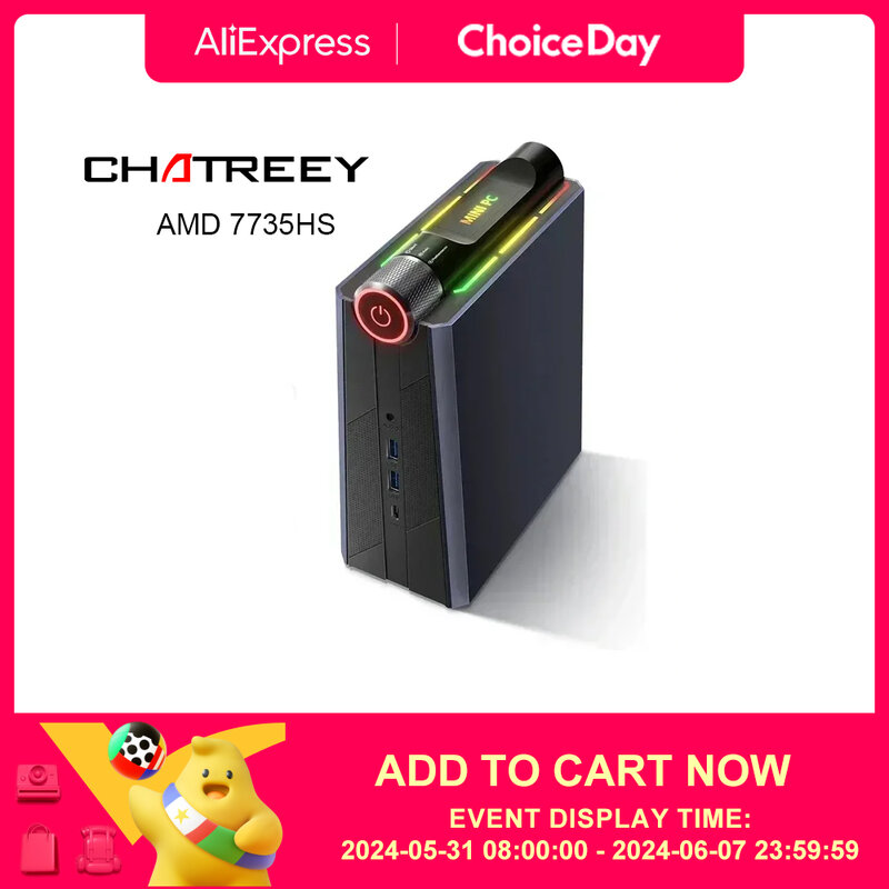 Chatreey-ゲームデスクトップコンピューター、am08ミニpc、amd ryzen 7 7735hs、カラフルな照明、nvme、ssd、wifi 6、bt 5.0、680m、8コア