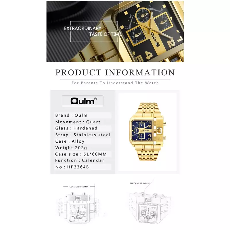 OULM Gold Full Steel Watches Luxury Men Wristwatch Quartz Watch Military Auto Date Unique Men's Wristwatches Relogio Masculino