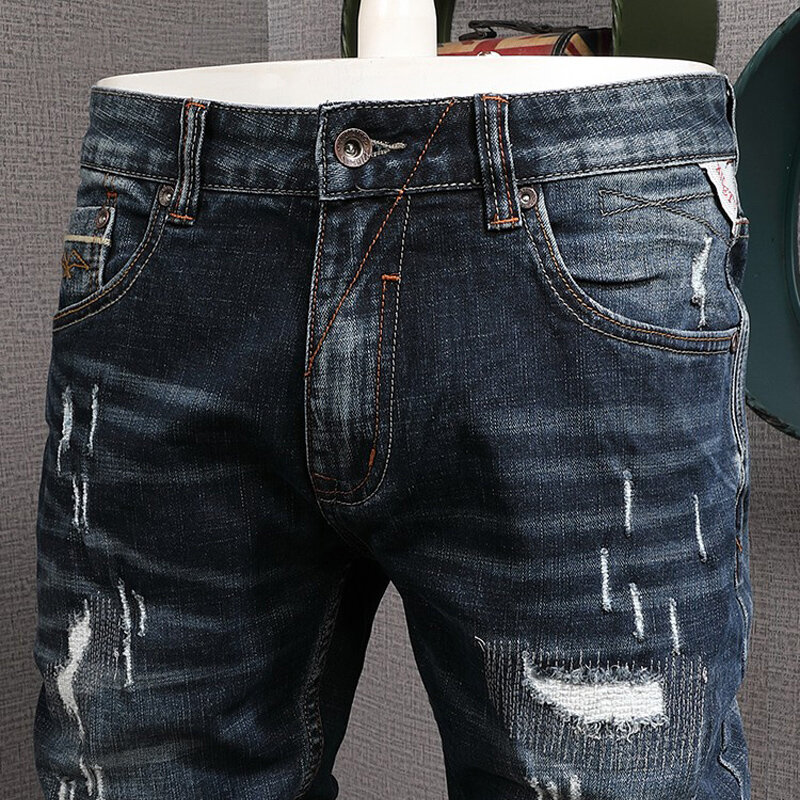 Jeans desainer Mode Pria celana Denim kasual tambalan celana panjang antik pria Jeans robek ketat elastis hitam biru Retro