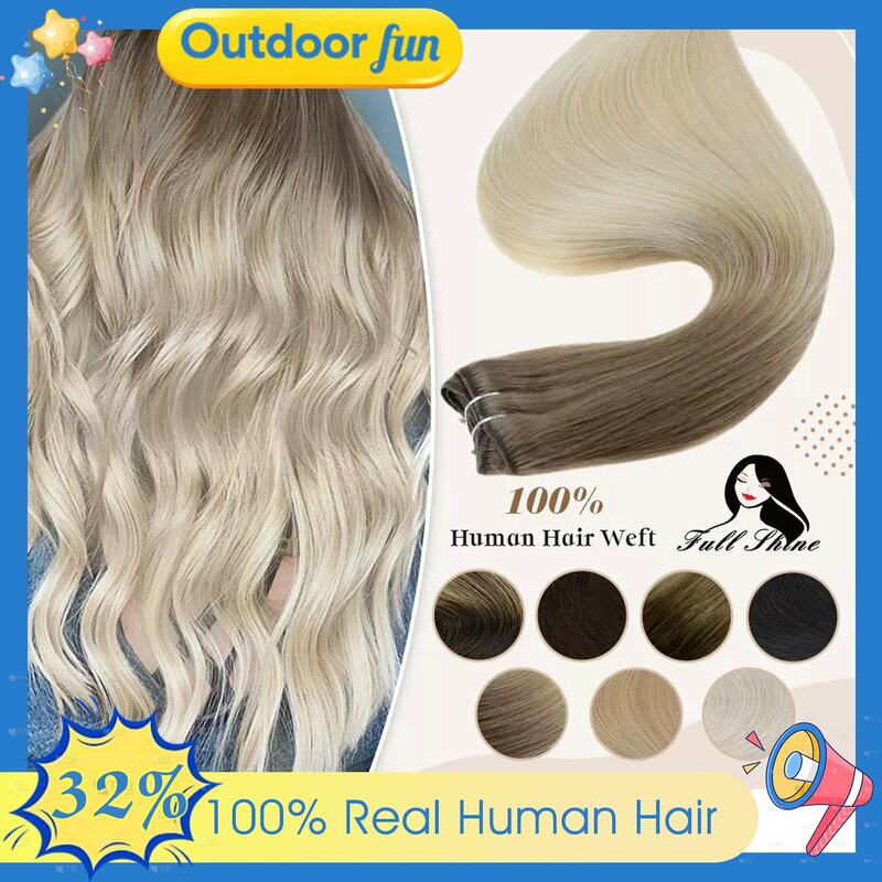 Full Shine-Extensions de Trame de Cheveux Humains, Mèches de Cheveux Humains, Blond Ombré, 100g, Cousus en Peau Soyeuse, Double Trame, pour Salon