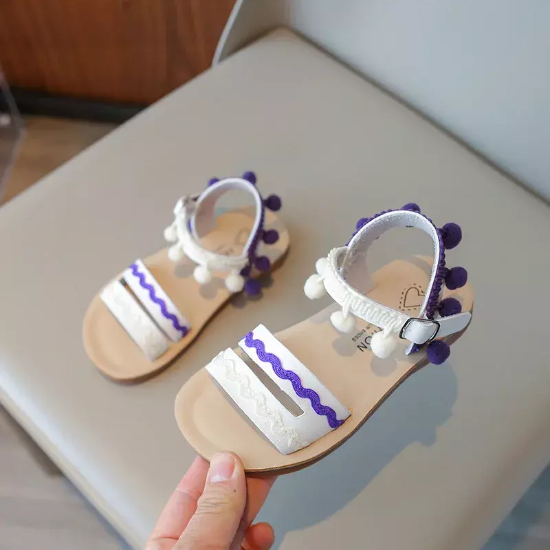 Children's Sandals Summer 2024 Girls Retro Tassel Flat Sandals Fashion Soft Bottom Kids Causal Open-toe Beach Sandals Hook Loop