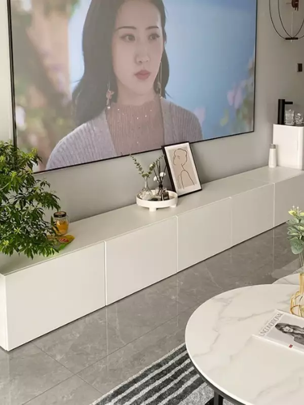 Meuble TV minimaliste moderne en bois massif, style crème, blanc, plancher de salon
