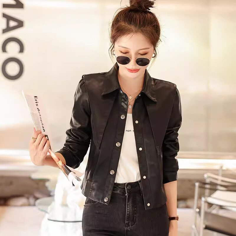 Elegant Women's Faux Leather Coat Spring Autumn 2023 New Short Outwear Slim Fashion Motorcycle Navy Collar PU Leather Jacket Top
