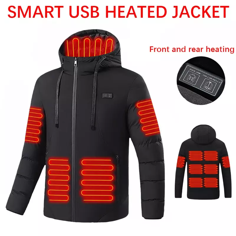 เสื้อแจ็กเก็ตอุ่น4-11 Zone เสื้อโค้ททำความร้อนไฟฟ้าควบคุมด้วย USB แบบเดี่ยวและคู่6XL เสื้อกันหนาวมีฮู้ดสำหรับผู้ชายเดินป่าตั้งแคมป์ฤดูหนาว