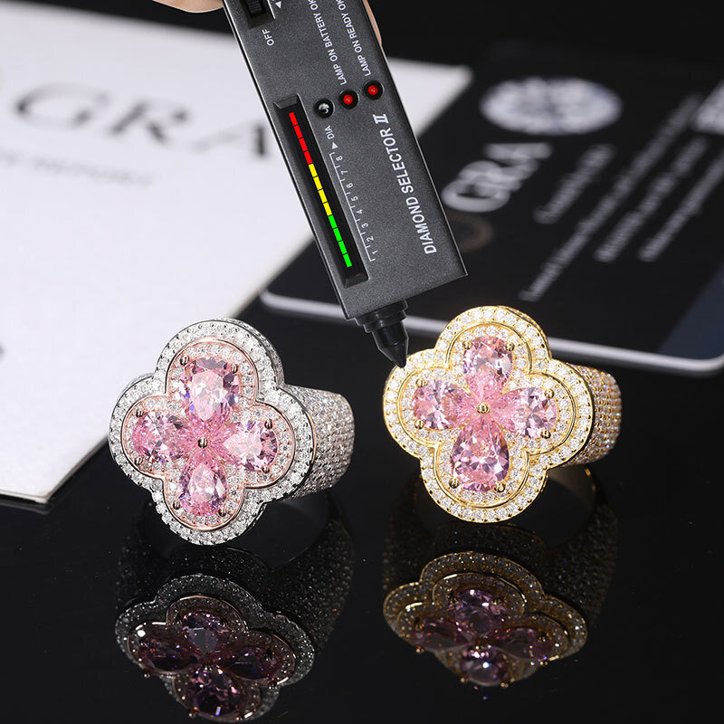 Moissanite S925 srebrny kwiat pierścionek na palec dla kobiet Hip Hop Bling oblodzone luksusowe klubowe pierścionki biżuteria raper