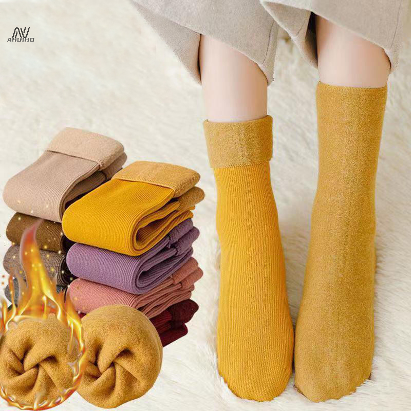 ถุงเท้ากำมะหยี่ขนยาว1คู่ถุงเท้าหิมะแถบแนวตั้งสีพื้นให้ความอบอุ่นในฤดูหนาว