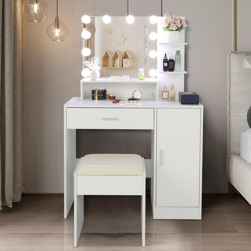 Vanity Set with 10 Led Lighted Mirror Drawer Women Makeup Dressing Cabinet