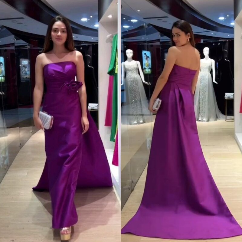Prom Dress Evening Ball Dress Evening Saudi Arabia Satin Flower Ruched Prom A-line Strapless Bespoke Occasion Gown Long Dresses