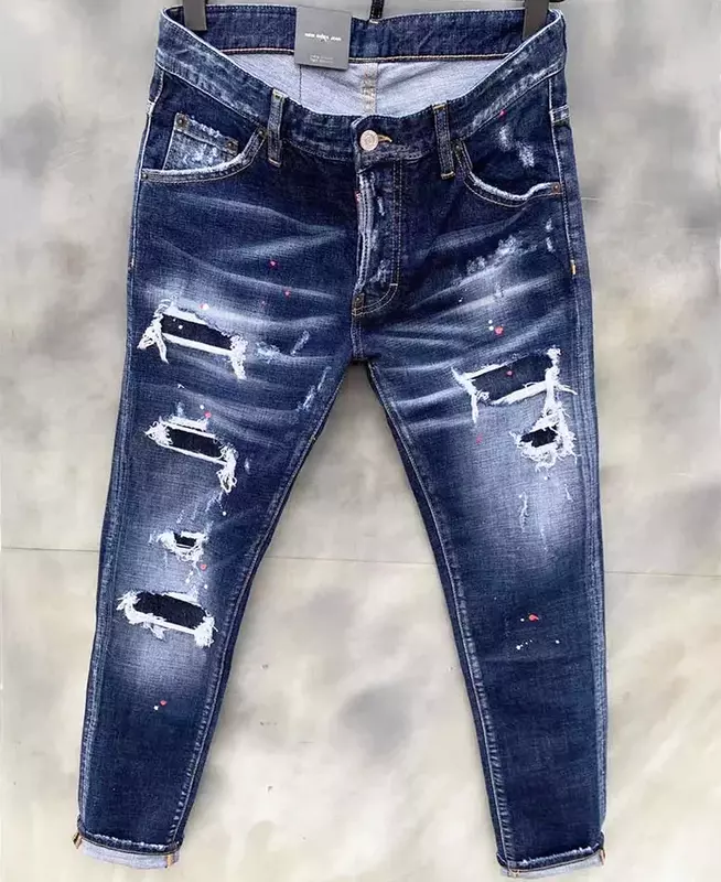 Jeans rasgado azul claro masculino com buracos, calça longa e skinny, roupas masculinas stretch, marca de luxo, qualidade, 2024