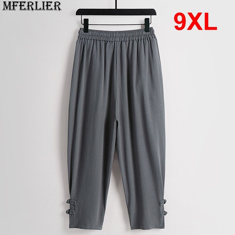 Linen Pants Men Summer Ankle-length Pants Plus Size 9XL Elastic Waist Pants Male Fashion Casual Solid Color Bottom Big Size