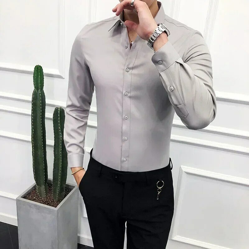 Мужская однотонная деловая рубашка, приталенная брендовая Деловая блузка с отложным воротником и длинными рукавами, 2023