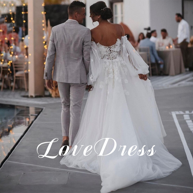 #LD90 Bohemian Sweetheart Wedding Dress With Detachable Sleeve Lace Up Beach Backless Bride Gowns Appliques Train Robe de mariée