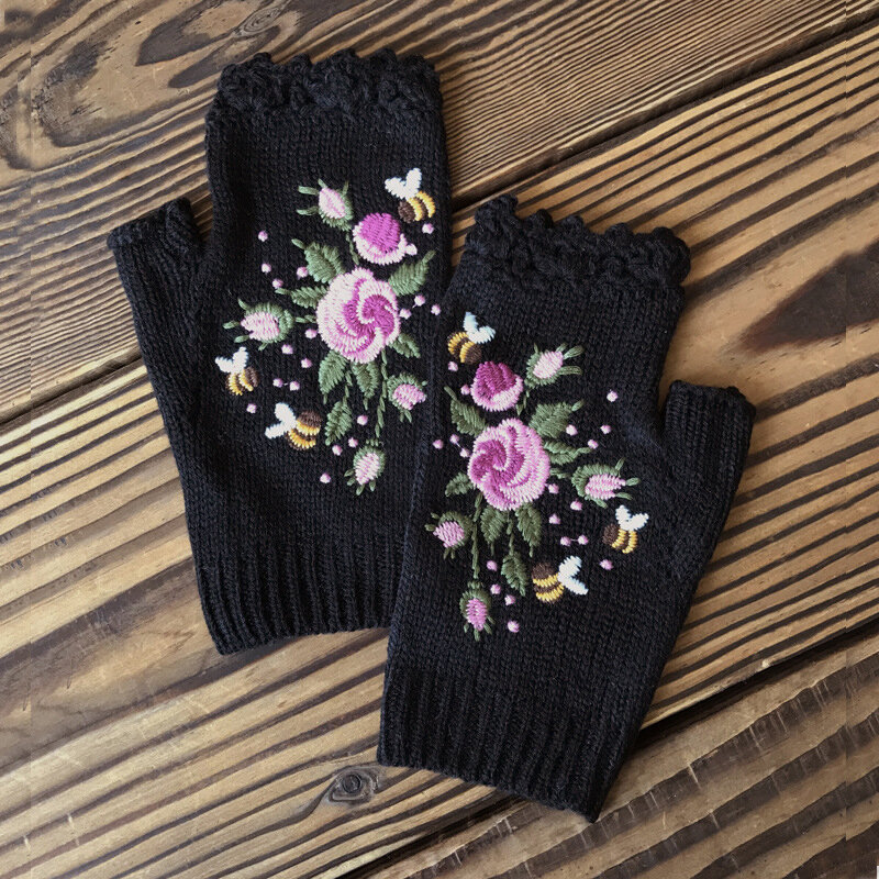 Guantes de medio dedo sin dedos para mujer, guantes de trabajo de algodón de punto cálido, mitones de muñeca, bordado hecho a mano, flor suave, Invierno
