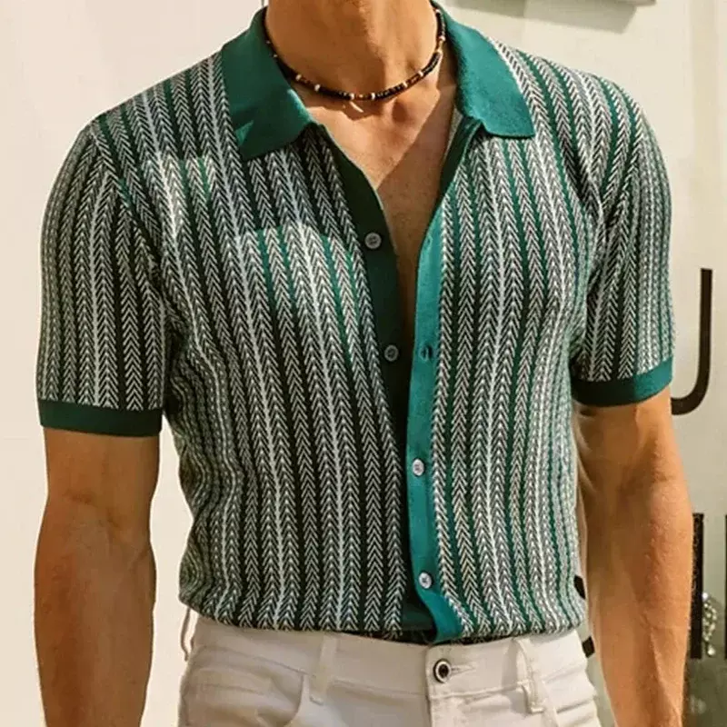 Camisas masculinas de malha estampadas listradas, gola polo, manga curta, camisetas com botões, malhas de negócios vintage, luxo, verão