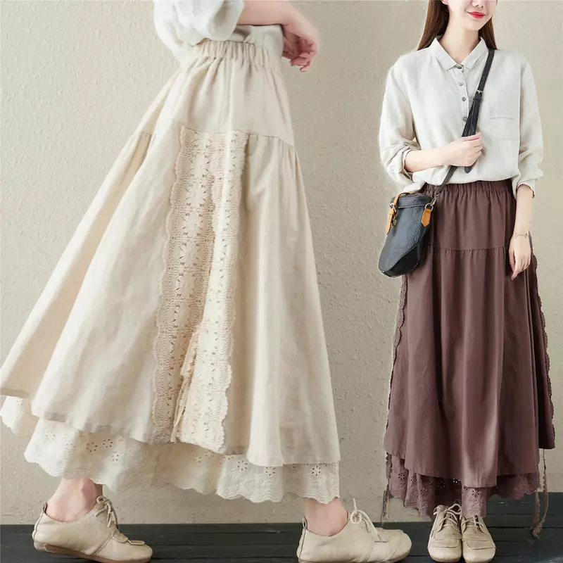 Japońska bawełna lniane długie spódnice damskie w stylu Vintage haftowna koronka w stylu a-line słodka elastyczna wysokiej talii plisowana spódnica damska Lolita