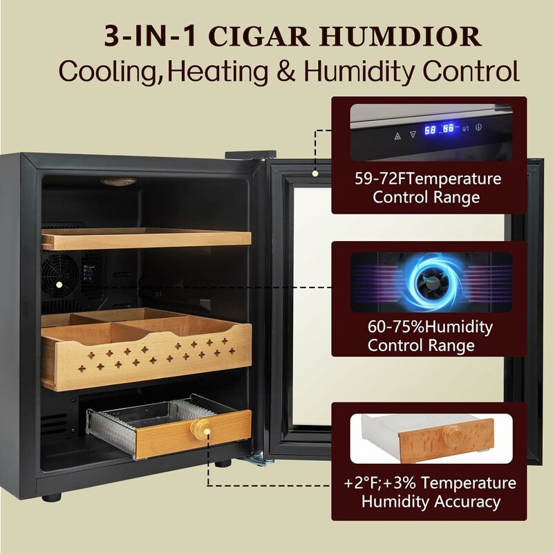 Humidificador de cigarros mejorado de 50L, refrigeración 3 en 1, calefacción y Control de humedad, humidificador de cigarros eléctrico para 250 cigarros