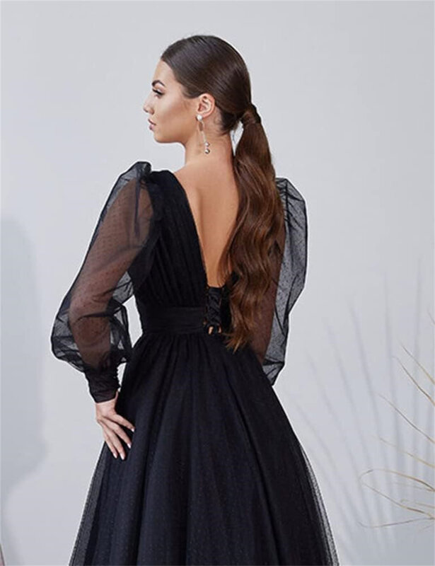 Elegant V Neck Tulle Off-the-Shoulder Evening Dress High Slit Backless Lace-up Button Illusion Long Sleeve Pleated Ball Gowns