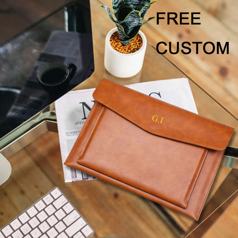 A4 Leather Business Briefcase, letras personalizadas grátis, botão magnético, capas impermeáveis para laptop, pasta de arquivos, organizador do escritório