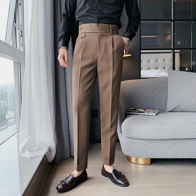Brytyjskie spodnie garnitur w stylu Business Casual męskie modne Slim Fit w jednolitym kolorze proste nogawki spodnie biurowe z wysokim stanem