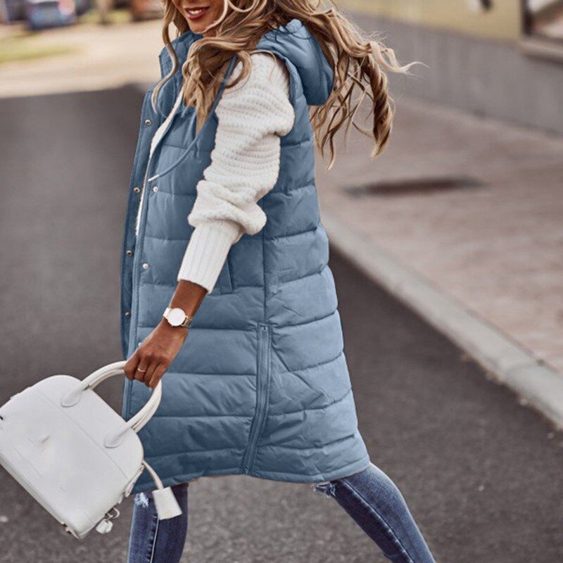 Women's Long Winter Coat Vest Parka Warm Hooded Sleeveless Down Coat With Pockets Quilted Vest Jacket Casual Outdoor Jacket Feme