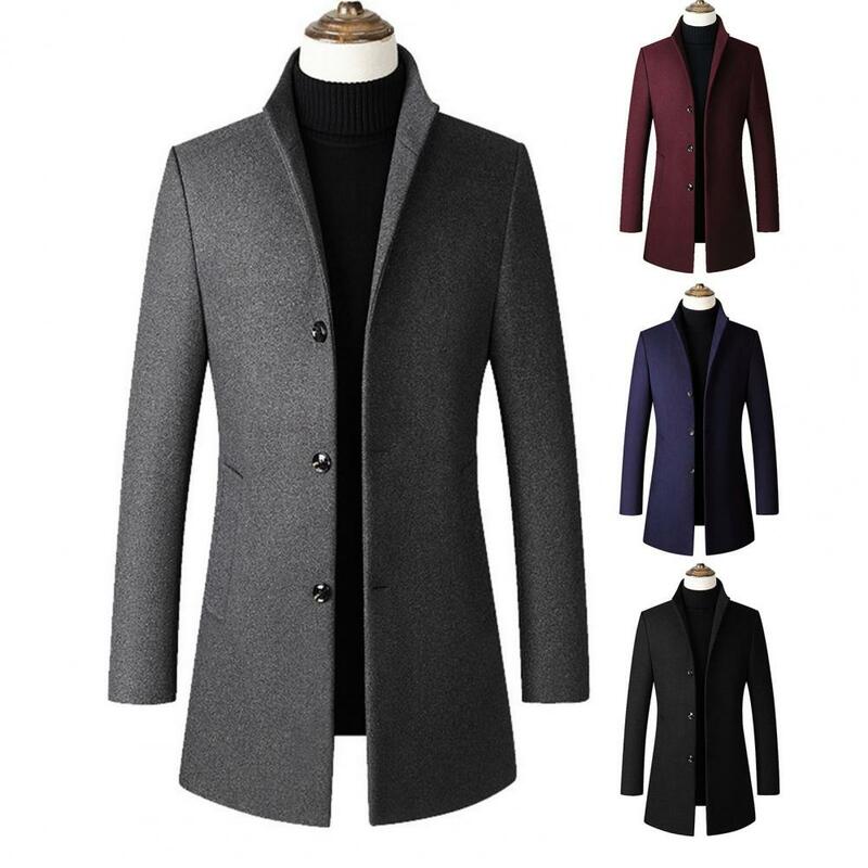 Men Trench Coat Windproof Trench Coat Stylish Men's Winter Trench Coat Stand Collar Single-breasted Solid Color Warm Men Jacket