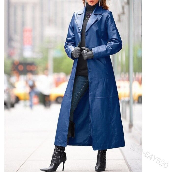 女性の服ボタンの毛皮のコートロングコート自分の道徳ショー薄型レザートレンチコートビッグヤード女性のための