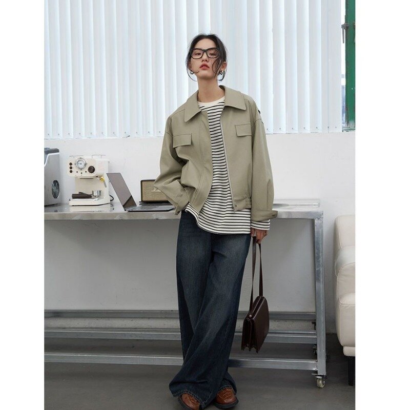 Deeptown Vintage kurze Lederjacke Frauen koreanische Mode y2k Streetwear Renn jacken Pu Reiß verschluss übergroße Harajuku Ästhetik