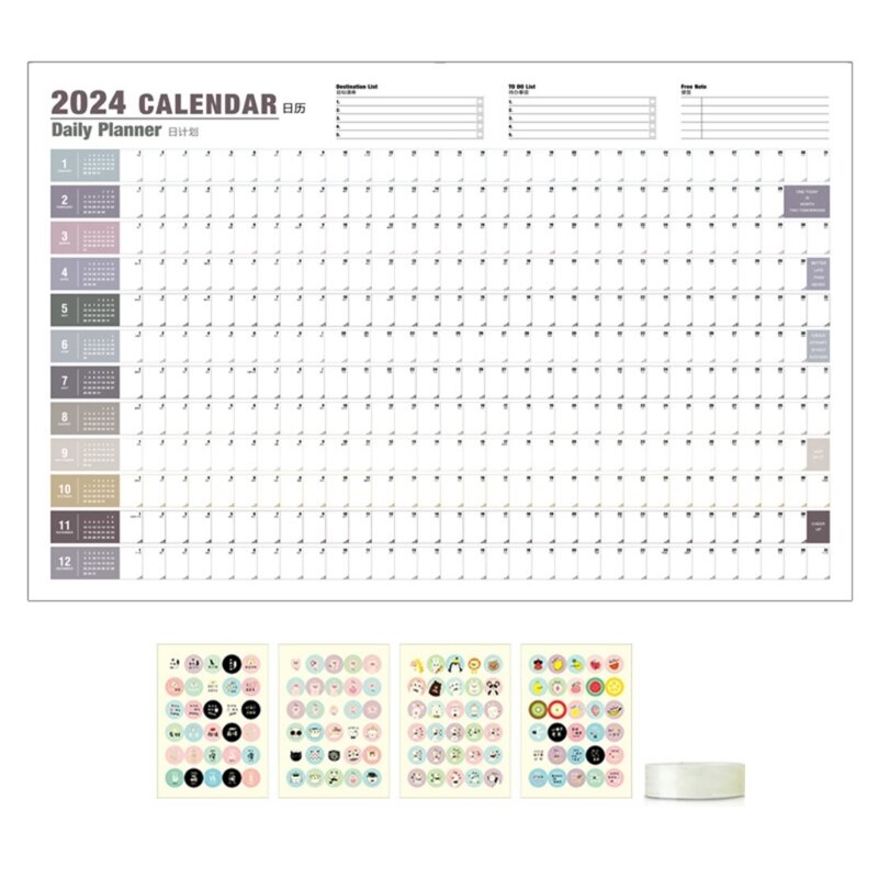 Jahres- und Monatskalender 2024, Kühlschrankkalender für Planung und Zeitplan, linierte Blöcke