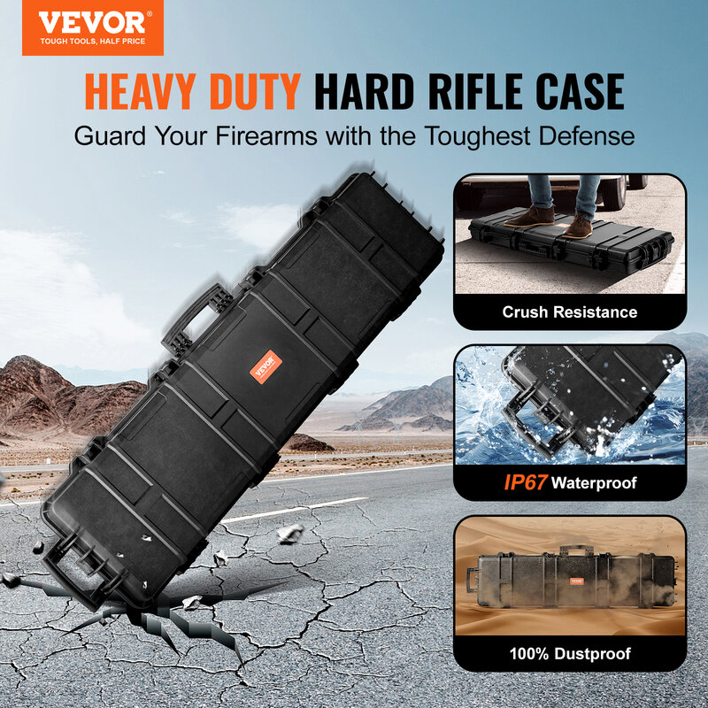 VEVOR Rifle Hard Case Portable Long Gun Storage Hard Suitcase W/ 2 Casters Shockproof & Waterproof Airsoft Rifle Protective Case